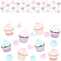 Seamless horizontal border with colorful cupcakes and meringue on a white