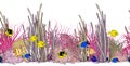 Seamless horizontal border with colorful tropical fishes, corals, sea weeds and sea anemones. Royalty Free Stock Photo