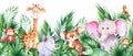 Seamless horizontal border with cute african cartoon animals. Royalty Free Stock Photo