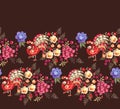 Seamless horizontal border in folk style. Funny peacocks and beautiful flowers isolated on brown background. Royalty Free Stock Photo