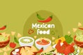 Seamless horizontal border with mexican food. Quesadilla, Tacos, guacamole with nachos, green Soup and Tomato Soup