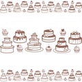 Seamless horizontal border with muffins, cupcake and different wedding and birthday cakes