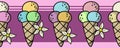 Seamless horizontal border pattern, Delicious multicolored fruit ice cream in a waffle cone Royalty Free Stock Photo