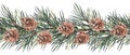 Seamless horizontal border with pine tree branches and cones.