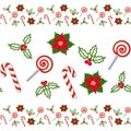 Seamless horizontal border with red and green poinsettia, mistletoe, Christmas Holly berries, candy cane and lollipop Royalty Free Stock Photo