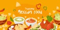 Seamless horizontal border with traditional mexican food. Latin American dishs Quesadilla, Tacos, guacamole with nachos