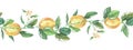 Seamless horizontal border yellow lemons on a branch with white flowers. Watercolor illustration. Isolated on a white