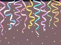 Seamless horizontal decorative serpentines with confetti on dark background, vector colorful ribbons for footer and