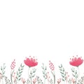 Seamless horizontal floral pattern. Watercolor pink flowers and orange branches, green leaves on white background. For Royalty Free Stock Photo