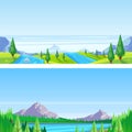 Seamless horizontal landscape background. Vector illustration of mountains, hills, meadows, lake and river. Royalty Free Stock Photo