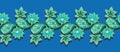 Seamless horizontal ornament with green paisley and abstract flowers on blue background