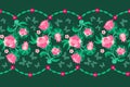 Seamless horizontal pattern with bouquets of fabulous pink flowers and silhouettes of fluttering butterflies on a green background Royalty Free Stock Photo