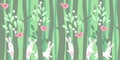 Seamless horizontal pattern with trees and rabbits