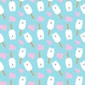 Seamless ice cream pattern Polar bear on a wooden stick, round snow. Flat style. On a blue background. Wrap, label Royalty Free Stock Photo