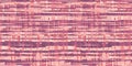 Seamless ikat glitch collage of peony pink and orange coral color blocks in a patchwork crosshatch weave pattern