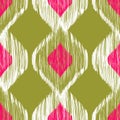 Seamless ikat pattern in pink and khaki colors. Vector tribal background.