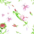 Seamless illustrated pattern with floral elements of green leaves, rosebuds and a butterfly stem. Isolate on white background Royalty Free Stock Photo