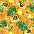 Seamless illustration of avacado, tropical leaves, lemons, lemon flowers on a colored background
