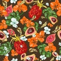 Seamless illustration of avacado, tropical leaves, lemons, lemon flowers on a colored background. Fruit pattern