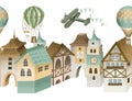 Seamless illustration of bavarian houses, retro airplanes and hot airballoons in the sky, festive old town street