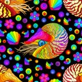 Seamless illustration with bright nautilus, shells and fish, animals on a black background