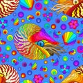 Seamless illustration with bright nautilus, shells and fish, animals on a blue background