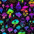 Seamless illustration with bright psychedelic mushrooms