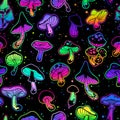 Seamless illustration with bright psychedelic mushrooms