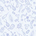 Seamless illustration with contour images of bacteria, germs and viruses ,blue contour icons on the clean writing-book sheet in Royalty Free Stock Photo