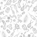 Seamless illustration with contour images of bacteria, germs and viruses on the white background