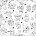 Seamless illustration with contour images of cartoon owls