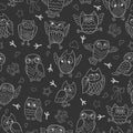 Seamless illustration with contour images of cartoon owls , white outline on a dark background