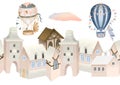 Seamless illustration of cozy pink houses and retro hot airballoons in the sky, festive old town street