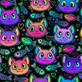 Seamless illustration of bright cat heads and fish