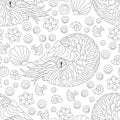 Seamless illustration with dark contour nautilus, shells and fish, outline animals on a white background