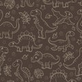 Seamless illustration with dinosaurs and leaves, contoured animals beige outline on a brown background