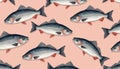 Seamless illustration features detailed salmon fish drawings arranged on soft pink background. Repeating pattern artwork, with Royalty Free Stock Photo