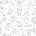 Seamless illustration with funny cartoon pigs , dark outline on a white background