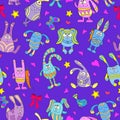 Seamless illustration with funny cartoon rabbits on a blue background