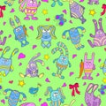 Seamless illustration with funny cartoon rabbits on a green background