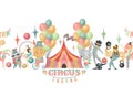 Seamless illustration of hand drawn circus actors, animals and elements of circus or amusement park