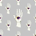 Seamless illustration of a human hand with an eye inside on a gray background