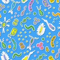 Seamless illustration with images of bacteria, germs and viruses on a blue background Royalty Free Stock Photo