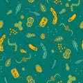 Seamless illustration with images of bacteria, germs and viruses on a green background Royalty Free Stock Photo