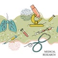 Seamless illustration. Text - medical research. Microscope, lungs syringe virus cell.