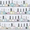 Seamless illustration with pastel nail polish bottles on horizontal shelves. Pattern hand drawn with imperfections. Good fo