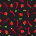 Seamless illustration of peppers and strawberries on a black background. Pattern for Valentine`s day. Fruits and vegetables.