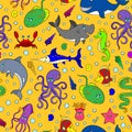 Seamless illustration with sea creatures, funny cartoon animals on orange background Royalty Free Stock Photo