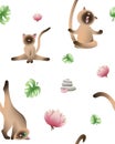 Seamless illustration of Siamese cats in different poses for yoga. Pattern Any size children\'s illustration
