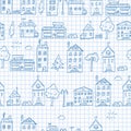 Seamless illustration with simple hand-drawn houses and trees on the page of the notebook into a cell Royalty Free Stock Photo